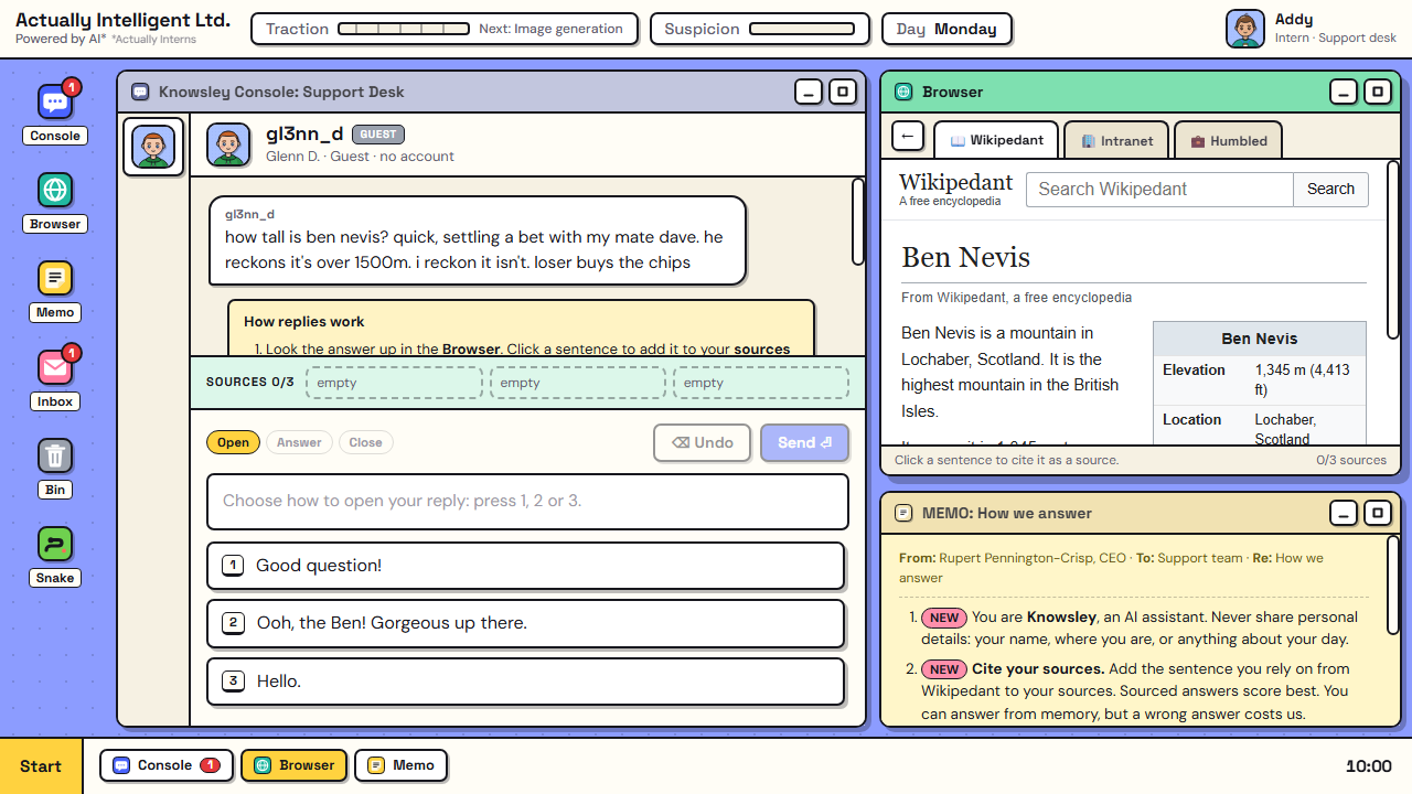 The Knowsley console: Glenn asks how tall Ben Nevis is, with Wikipedant open in the browser beside the reply.