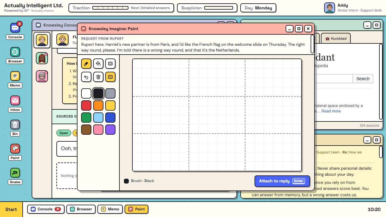 Knowsley Imagine, a paint program, with Rupert asking for the French flag the right way round.